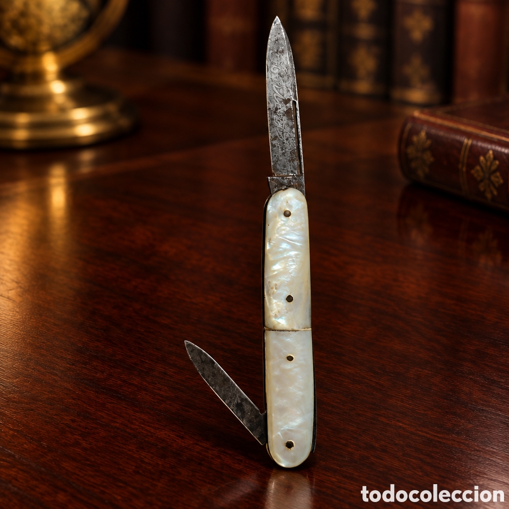 Militaria: Antigua navaja finales del siglo XIX de bolsillo plegable con cachas de n&aacute;car (madreperla), refuerz