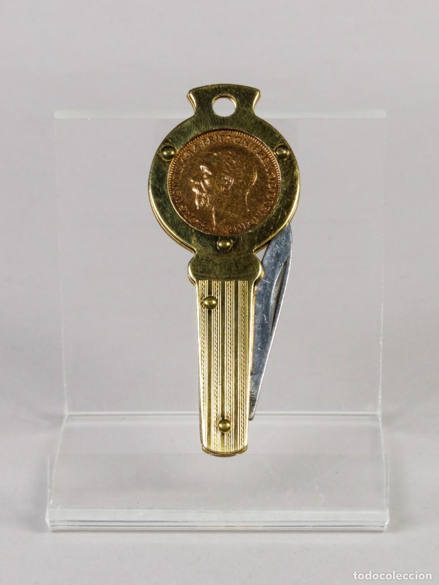 Militaria: Navaja llavero con cuarto de penique en bronce Lucky Farthing Pen Knife Richard Sheffiel a&ntilde;os 30