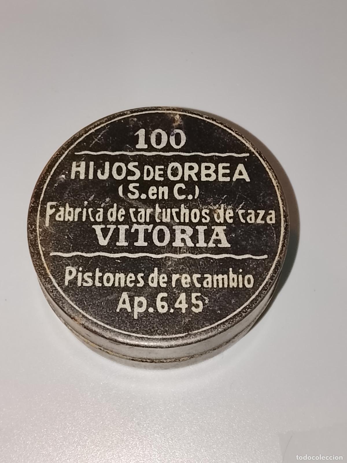 Militaria: Lata Pistones de Recambio AP.6.45-Hijos de Orbea-Fabrica de Cartuchos de Caza Vitoria- 100 uni-Vacia