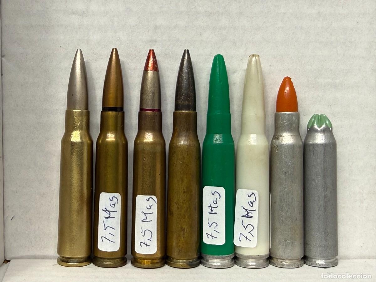 Militaria: 8 cartuchos calibre 7,5x54 MAS Modelo 1929 C Francia diferentes, Inertes.