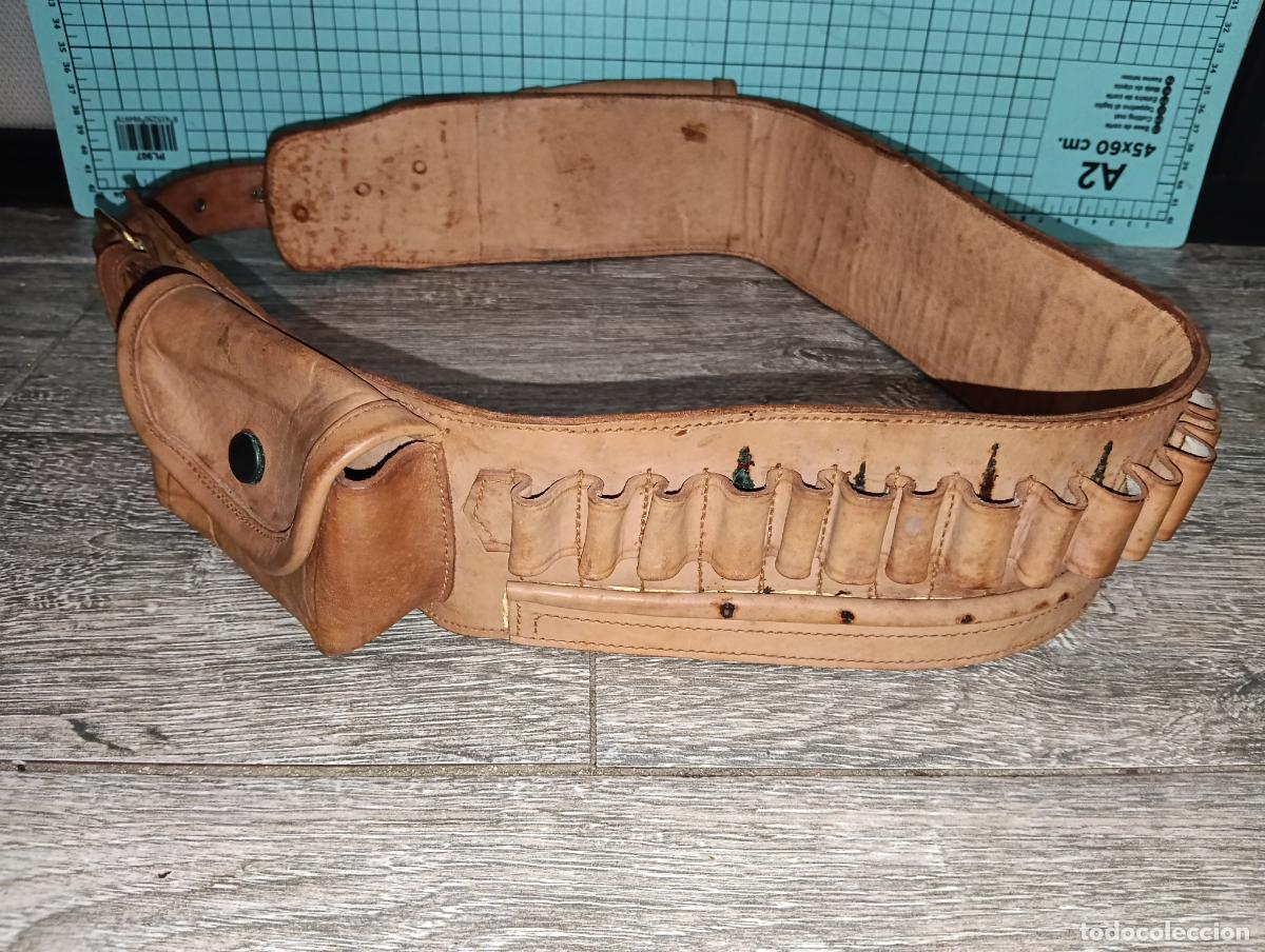 Militaria: Cintur&oacute;n Cartuchera Cuero Vintage Western 30 balas + 2 cartucheras