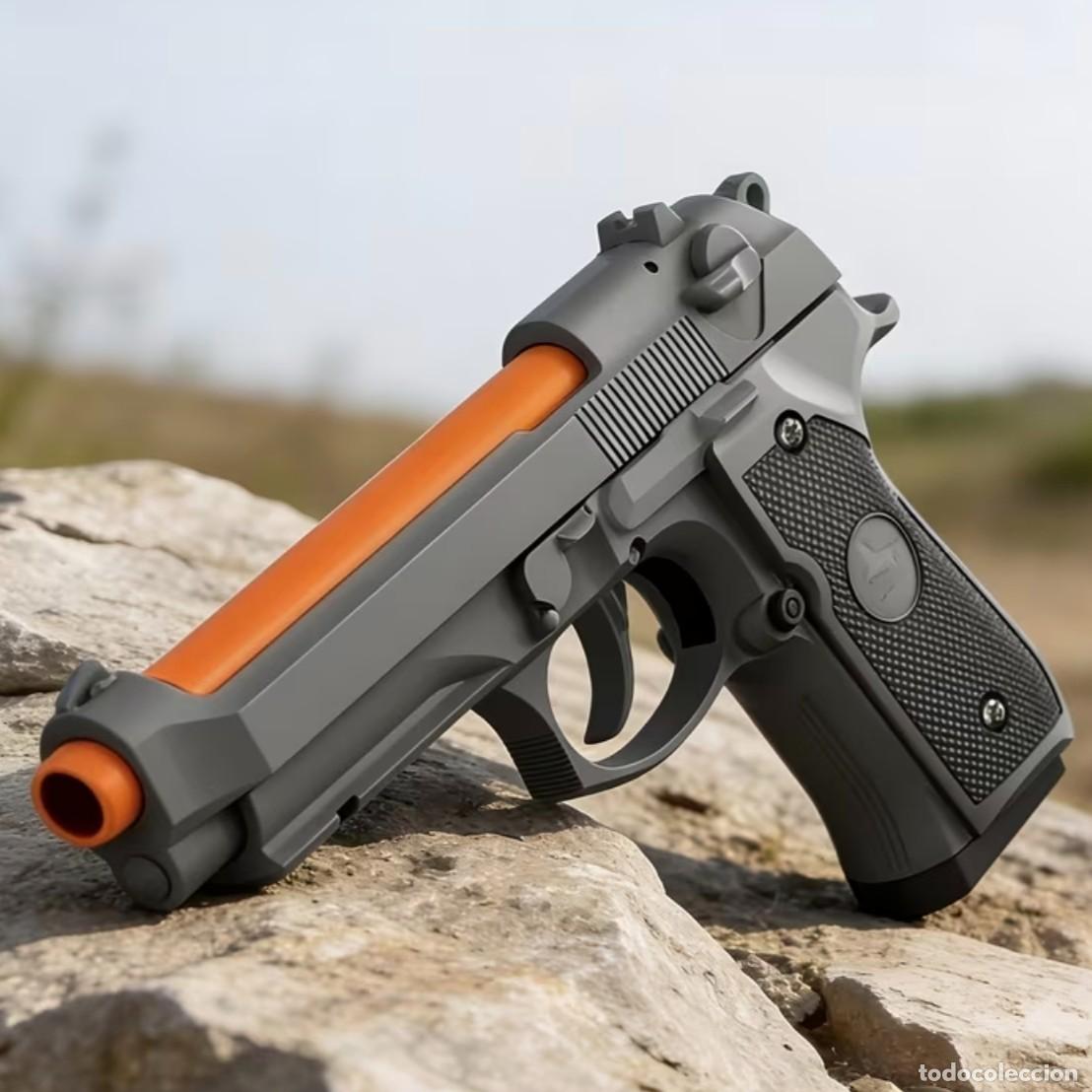 Militaria: PISTOLA AUTOMATICA GRIS- NARANJA CON MUNICION DE ESPUMA. COMPLETA Y REALISTA.