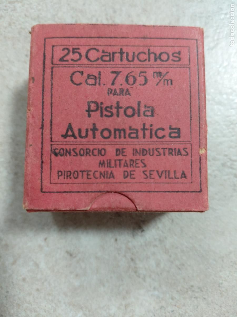 Militaria: CAJA VACIA 25 CARTUCHOS 7,65 mm. CONSORCIO DE INDUSTRIAS MILITARES PIROTECNIA DE SEVILLA