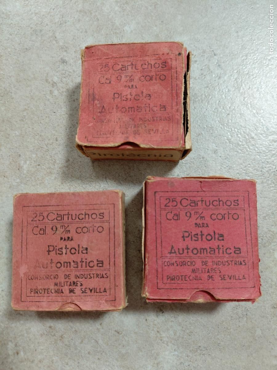 Militaria: LOTE 3 CAJAS VACIAS 25 CARTUCHOS 9 mm CORTO. CONSORCIO DE INDUSTRIAS MILITARES PIROTECNIA DE SEVILLA