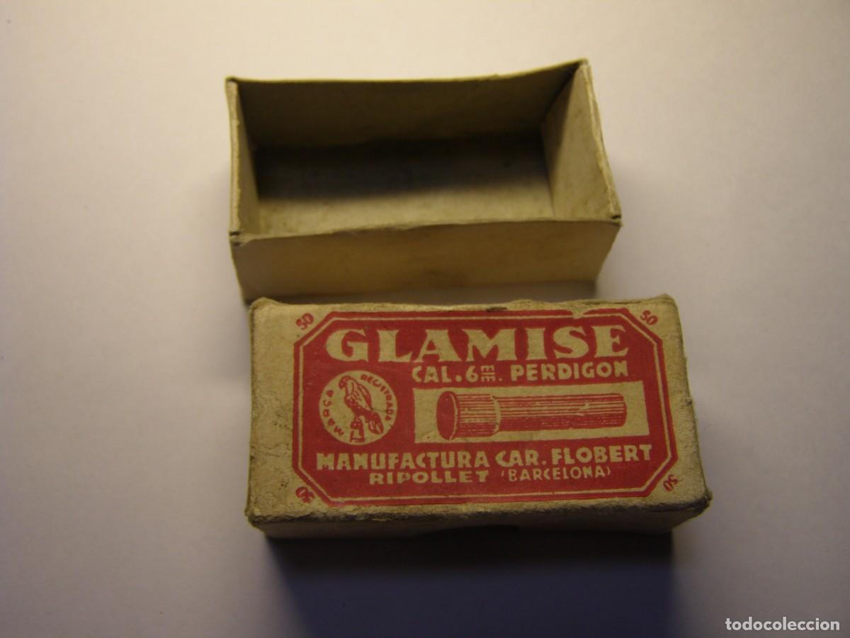Militaria: Antigua caja vac&iacute;a para cartuchos fl&oacute;vert 6 mm. de perdigones, Glamis&eacute;, Ripollet, Barcelona.