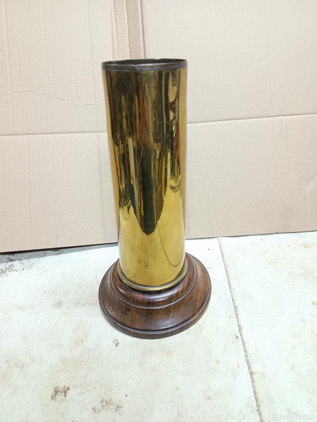 Militaria: VAINA DE 75MM SCHNEIDER-CANET, CON BASE SOPORTE DE MADERA, OBUS, BALA PROYECTIIL