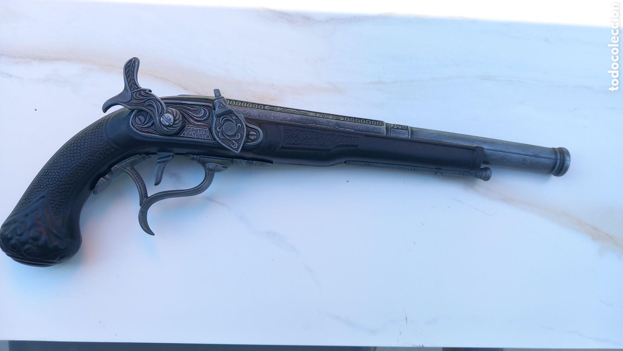 Militaria: R&eacute;plica de Pistola de Chispa Antigua / Trabuco Vintage - 36 cm - Excelente Estado para Decoraci&oacute;n