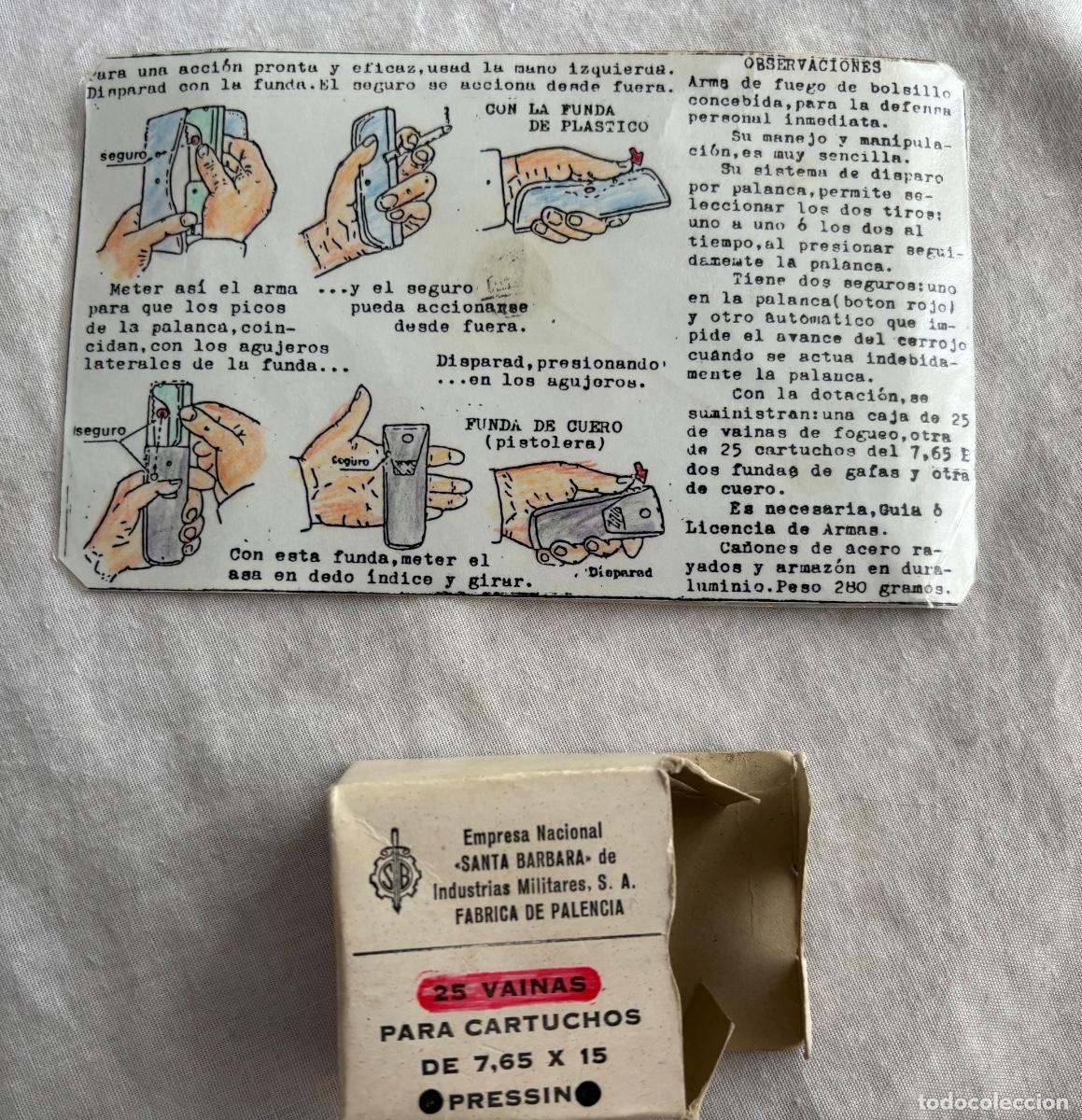 Militaria: Instrucciones originales y caja de vainas (vac&iacute;a) de pistola Pressin