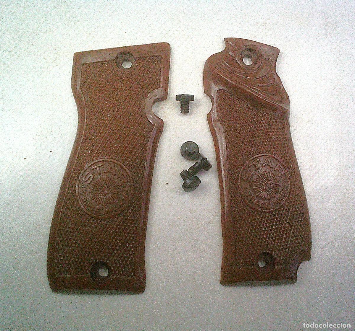 Militaria: CACHAS PISTOLA STAR S, SS, SUPER S DE 9 MM CORTO Y SI SIS DE 7,65 MM 4 TORNILLOS ORIG. MARRON OSCURO