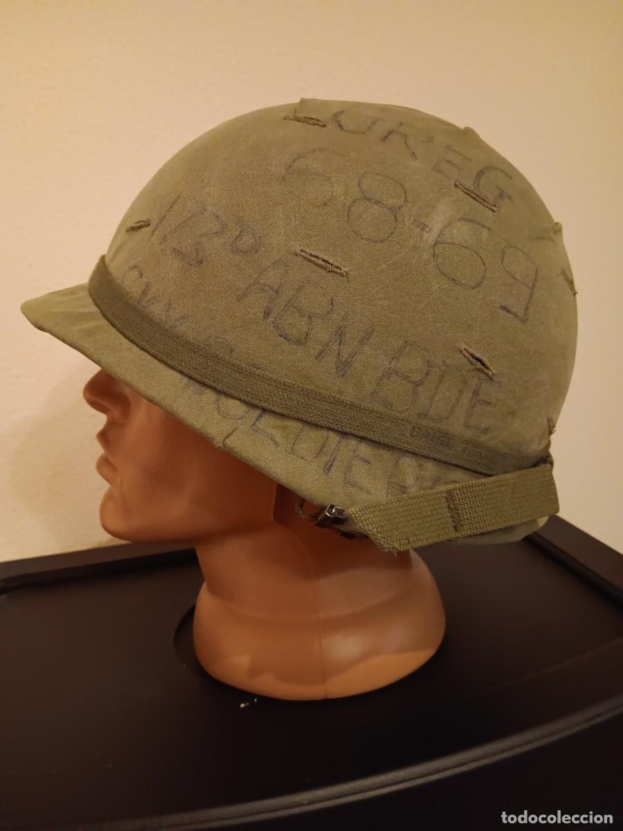 Militaria: EEUU CASCO M1 PRIMERA &Eacute;POCA VIETNAM FUNDA VERDE MARCAS SOLDADO 173 BRIGADA AEROTRANSPORTADA