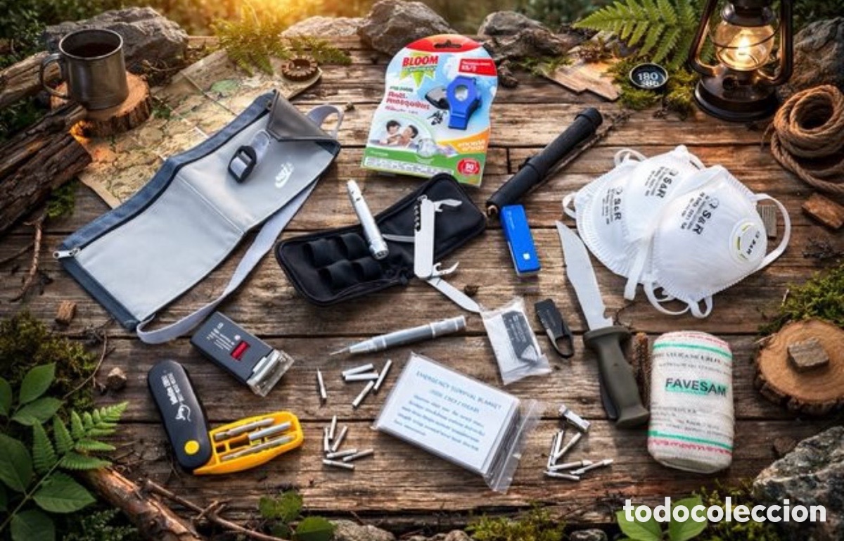 Militaria: Grande lote Kit de Supervivencia Nike, Cuchillo, Mascarillas