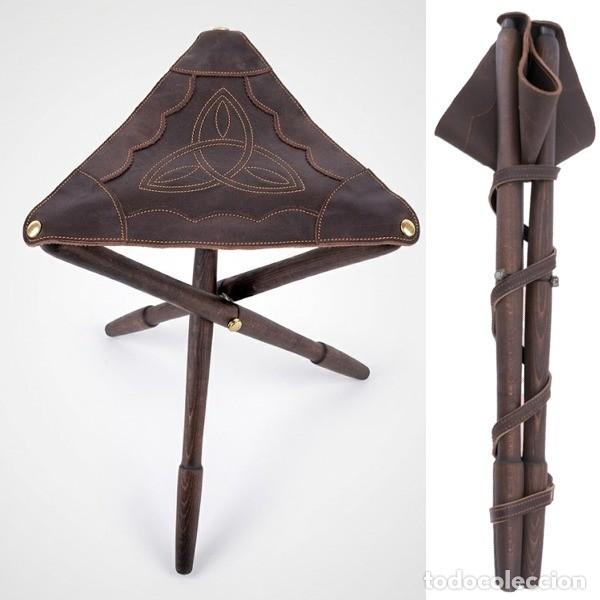 Militaria: SILLA CAZA PLEGABLE EN CUERO Y MADERA. 67 CMS