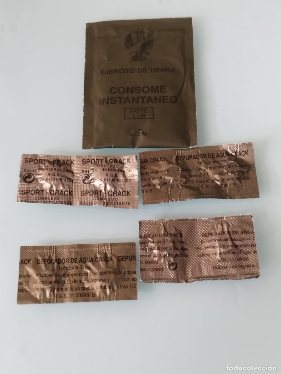 Militaria: Raci&oacute;n de campa&ntilde;a individual del Ej&eacute;rcito de Tierra espa&ntilde;ol a&ntilde;os 90. Pastillas, consom&eacute;.