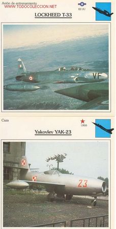 Militaria: 2 Fichas Aviones Militares/ Lockheed T- 33 / Yakolev YAK-23