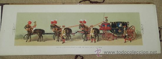 Militaria: Comitiva Regia 1879, lamina 26, coche con la servidumbre de S.A.R. LAS la Sermas. Sras. Infantas Do&ntilde;