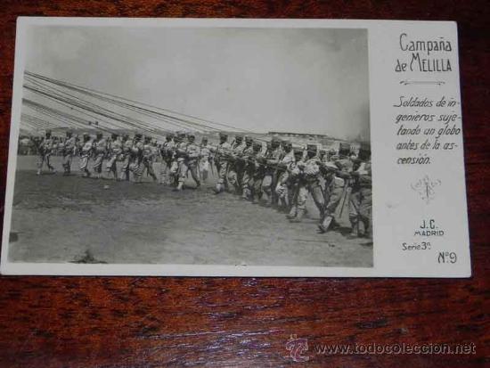 Military Antiques: ANTIGUA FOTO POSTAL DE LA CAMPA&Ntilde;A DE MELILLA, SOLDADOS DE INGENIEROS SUJETANDO UN GLOBO ANTES DE LA