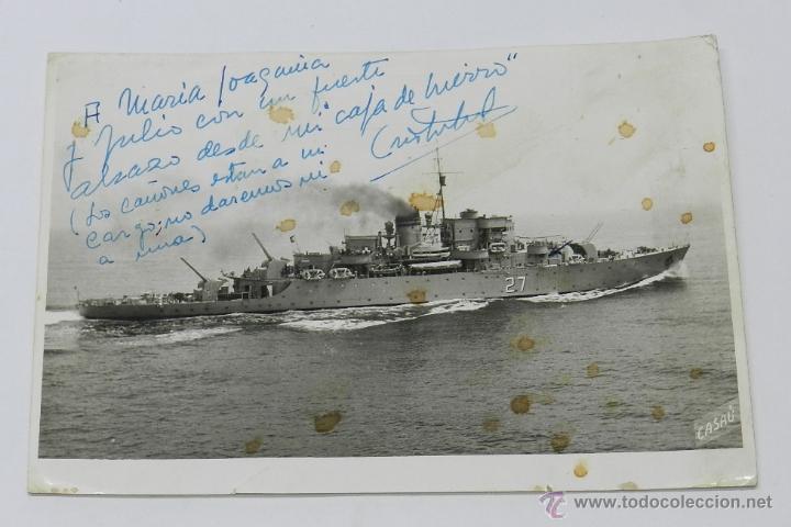 Militaria: ANTIGUA FOTOGRAFIA DE FRAGATA ESPA&Ntilde;OLA F 27, BARCO DE GUERRA, CON DEDICATORIA Y FIRMA MANUSCRITA DEL