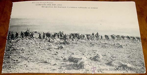 Military Antiques: ANTIGUA POSTAL DE LA CAMPA&Ntilde;A DEL RIF - 1921 . OCUPACION DEL GURUGU, COLUMNA SUBIENDO AL MONTE - EDIC