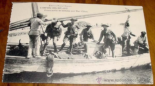 Military Antiques: ANTIGUA POSTAL DE LA CAMPA&Ntilde;A DEL RIF - 1921 . EVACUACION DE HERIDOS POR MAR CHICA - EDICION POSTAL-E
