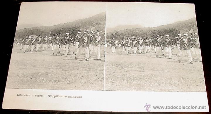 Military Antiques: ANTIGUA FOTO POSTAL ESTEREOSCOPICA MILITAR FRANCESA - EXERCISE A TERRE - TORPILLEURS MINEURS - MIDE