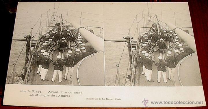 Military Antiques: ANTIGUA FOTO POSTAL ESTEREOSCOPICA MILITAR FRANCESA - SUR LA PLAGE - AVANT D&acute;UN CUIRASSE - LA MUSIQU