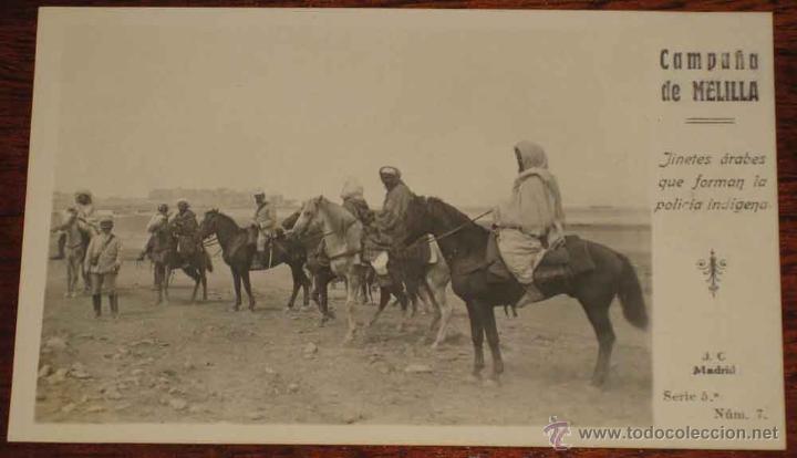 Militaria: ANTIGUA FOTO POSTAL CAMPA&Ntilde;A DE MELILLA . GUERRA DE MARRUECOS, RIF . Jinetes arabes que forman la pol