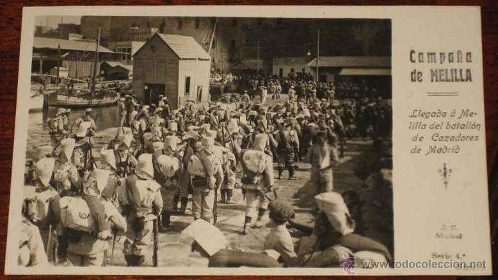 Militaria: ANTIGUA FOTO POSTAL CAMPA&Ntilde;A DE MELILLA . GUERRA DE MARRUECOS, RIF . Llegada a Melilla del Batallon d