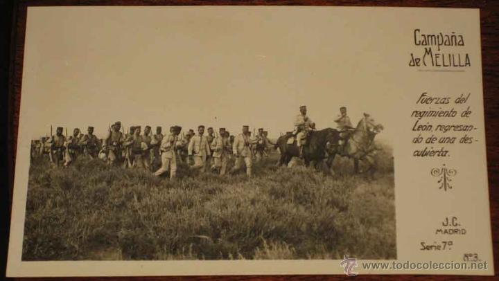 Militaria: ANTIGUA FOTO POSTAL CAMPA&Ntilde;A DE MELILLA . GUERRA DE MARRUECOS, RIF . FUERZAS DEL REGIMIENTO DE LEON,