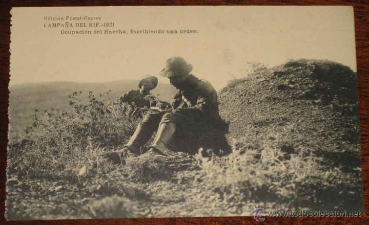 Military Antiques: ANTIGUA POSTAL DE LA CAMPA&Ntilde;A DEL RIF 1921 . OCUPACION DEL HARCHA, ESCRIBIENDO UNA ORDEN - EDICION PO
