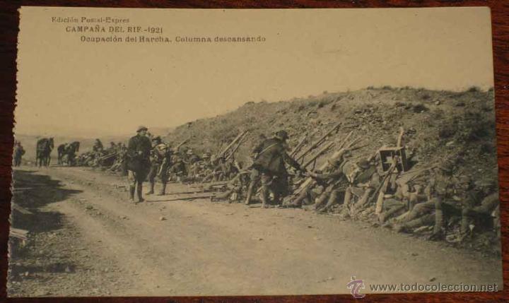 Military Antiques: ANTIGUA POSTAL DE LA CAMPA&Ntilde;A DEL RIF 1921 . OCUPACION DEL HARCHA, COLUMNA DESCANSANDO - EDICION POST