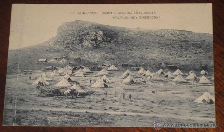 Militaria: ANTIGUA POSTAL DE ALHUCEMAS - N. 11 - CCUARTEL GENERAL EN EL MONTE MALMUSI - GUERRA DEL RIF - NO CIR