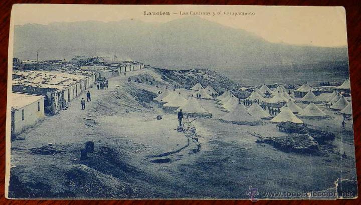Militaria: Antigua postal de Laucien, guerra del rif, las cantinas y el campamento, ed. m. arribas, no circulad
