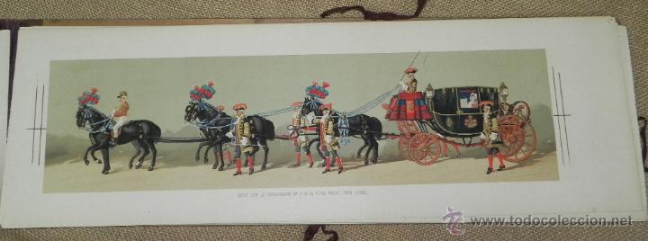 Militaria: Comitiva Regia 1879, lamina 27, coche con la servidumbre de S.M. La Reina Madre Do&ntilde;a Isabel, caballe