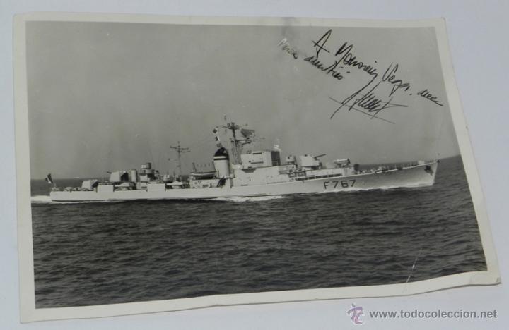Militaria: ANTIGUA FOTOGRAFIA DE BARCO DE GUERRA FRANCES F 767, LE GASCON, MIDE 18 X 13 CMS. CON DEDICATORIA Y