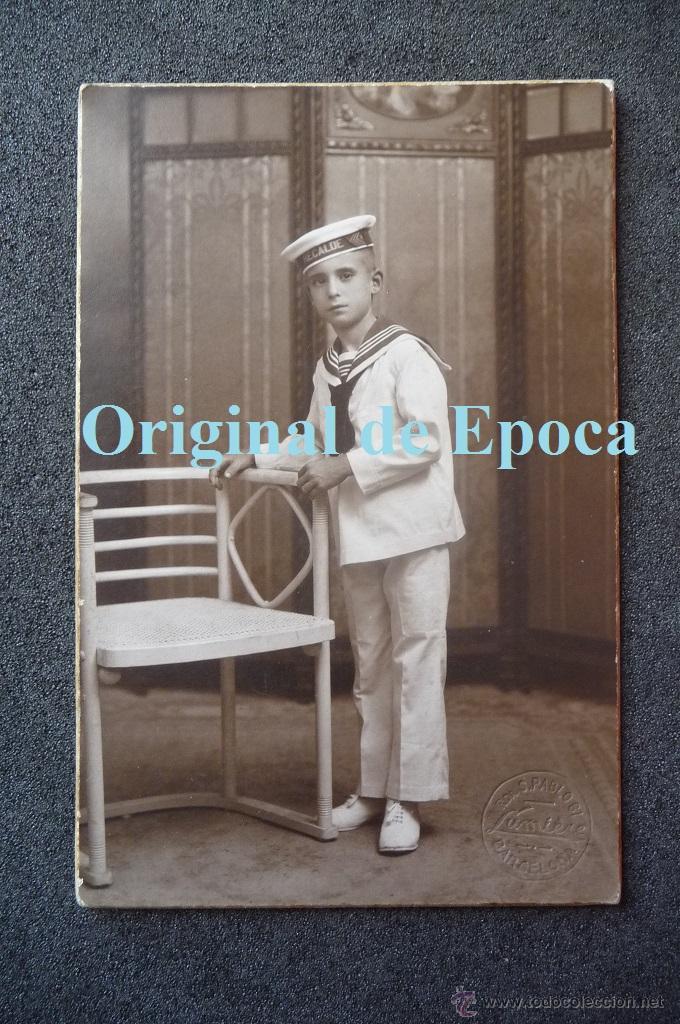 Military Antiques: (JX-2023)FOTOGRAFIA DE NI&Ntilde;O CON UNIFORME DE MARINA,CON LA CINTA DE LEPANTO DEL CA&Ntilde;ONERO RECALDE