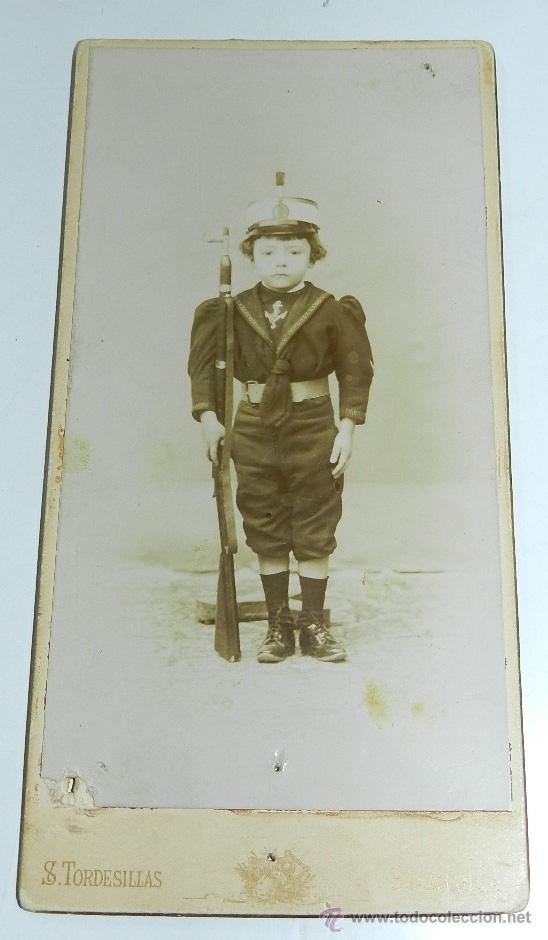 Military Antiques: FOTOGRAFIA ALBUMINA DE NI&Ntilde;O VESTIDO DE OFICIAL DE INFANTERIA DE MARINA, GORRO ROS, FOTO S. TORDESILL