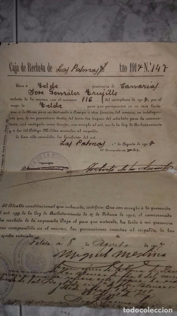 Militaria: Antigua carta de caja de Recluta de Las Palmas. A&ntilde;o 1917.