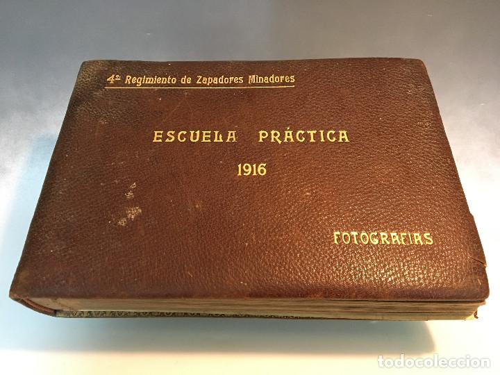 Militaria: RARO ALBUM EN PIEL DE 62 FOTOGRAFIAS DEL 4&ordm; REGIMIENTO DE ZAPADORES MINADORES ESCUELA PRACTICA 1916