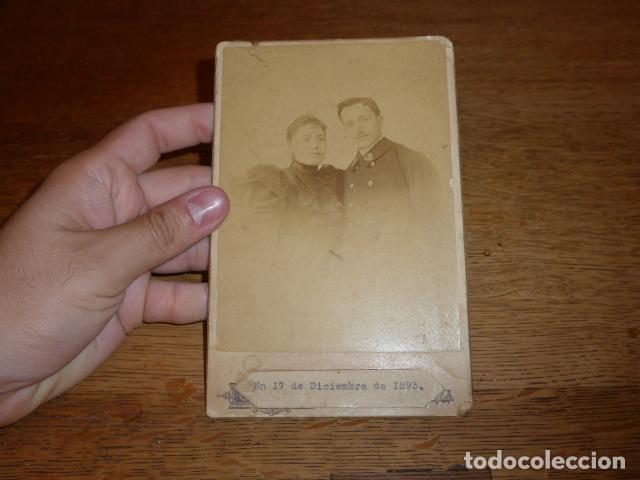 Militaria: Antigua fotografia de militar espa&ntilde;ol con raro emblema, tipo aviacion parece, de 1893.