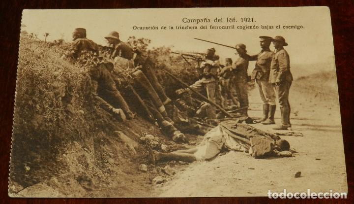 Militaria: POSTAL DE LA CAMPA&Ntilde;A DEL RIF 1921, 0cupacion de la trinchera del ferrocarril cogiendo bajas al enemi