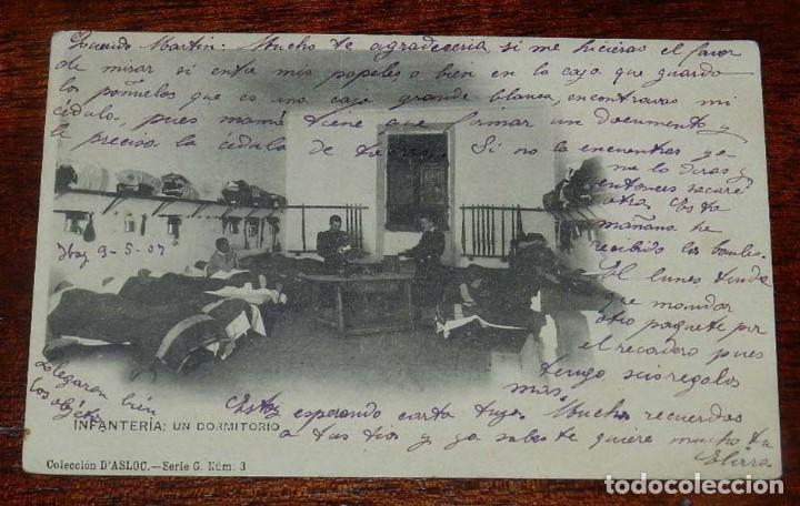 Military Antiques: POSTAL MILITAR DE INFANTERIA, UN DORMITORIO. COLECCION D'ASLOC. CIRCULADA EN 1907. SERIE C. NUM.3. R