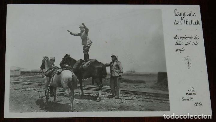 Militaria: POSTAL FOTOGRAFICA DE CAMPA&Ntilde;A MELILLA, J.C. MADRID, SERIE 1&ordf; N.9, ARREGLANDO LOS HILOS DEL TELEGRAFO