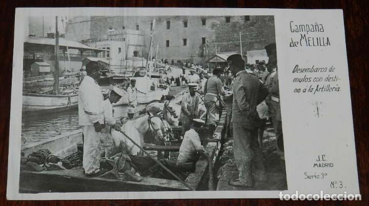 Militaria: POSTAL FOTOGRAFICA DE CAMPA&Ntilde;A MELILLA, J.C. MADRID, SERIE 3&ordf; N. 3,  DESEMBARCO DE MULOS CON DESTINO