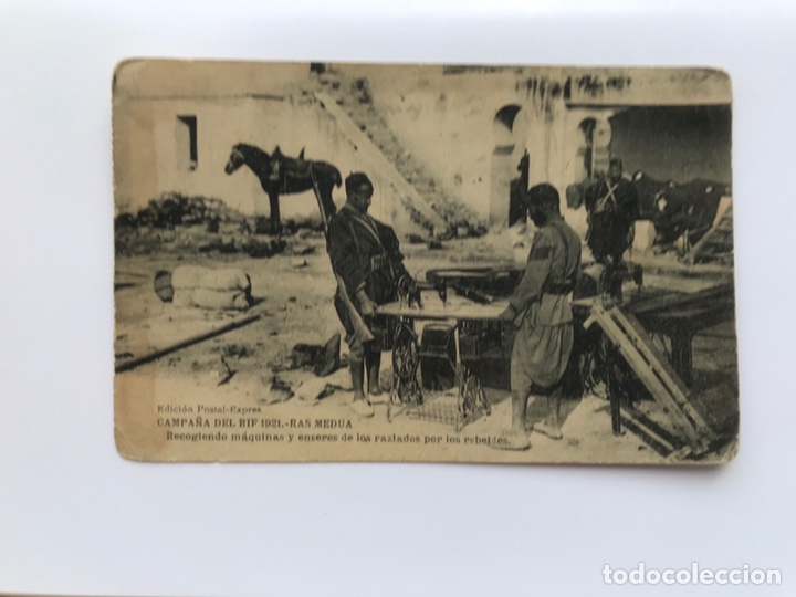 Militaria: CAMPA&Ntilde;A DEL RIF. 1921, Postal Animada RAS MEDUA. Recogiendo m&aacute;quinas y enseres de los traslados...