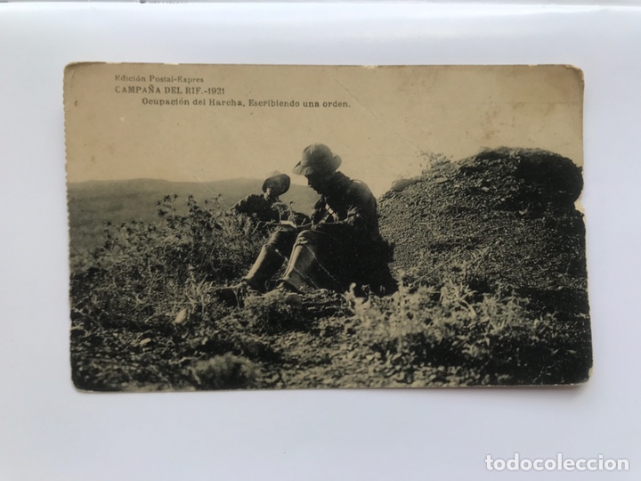 Militaria: CAMPA&Ntilde;A DEL RIF. 1921, Postal Animada. Ocupaci&oacute;n del Harcha. Escribiendo una Orden .....