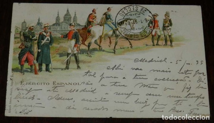 Militaria: POSTAL DEL EJERCITO ESPA&Ntilde;OL, REVERSO SIN DIVIDIR, CIRCULADA CON SELLO DE 5 CENTIMOS DE ALFONSO XII.
