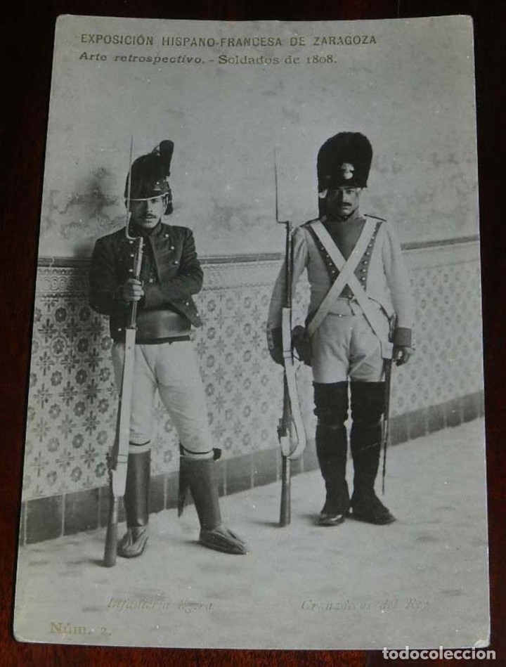 Militaria: FOTO POSTAL MILITARES, GRANADEROS DEL REY, INFANTERIA LIGERA, EXPOSICION HISPANO FRANCESA DE ZARAGOZ