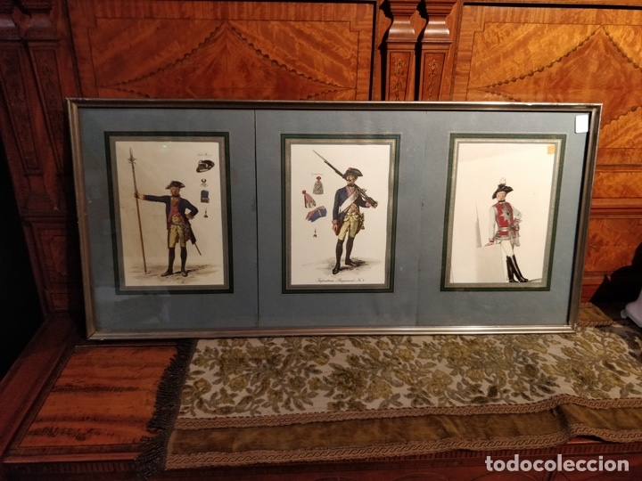 Militaria: 3 l&aacute;minas enmarcadas de soldados (Francia, Alemania e Inglaterra) - 31.5 x 67.5cm