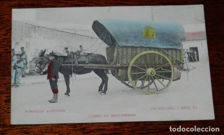 Militaria: Postal del Ejercito coloreada, Infanteria, num. 11, Carro de Regimiento. No circulada. Sin dividir.