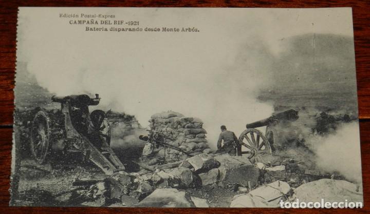 Militaria: POSTAL DE LA CAMPA&Ntilde;A DEL RIF. 1921. BATERIA DISPARANDO DESDE MONTE ARBOS, Edici&oacute;n Postal Expr&eacute;s. &ndash; M